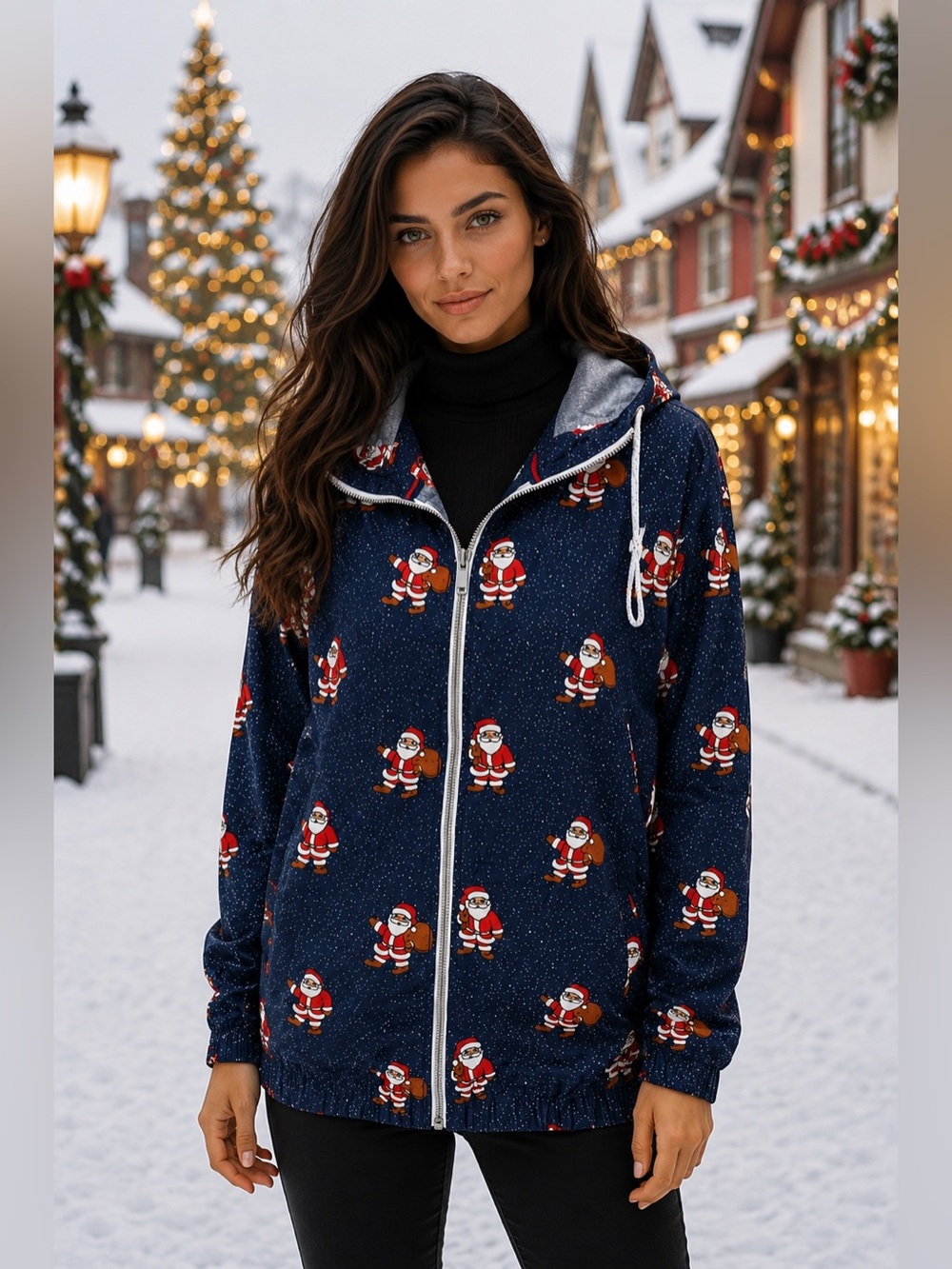 Denim & Flower Navy Santa Print Jean Jacket